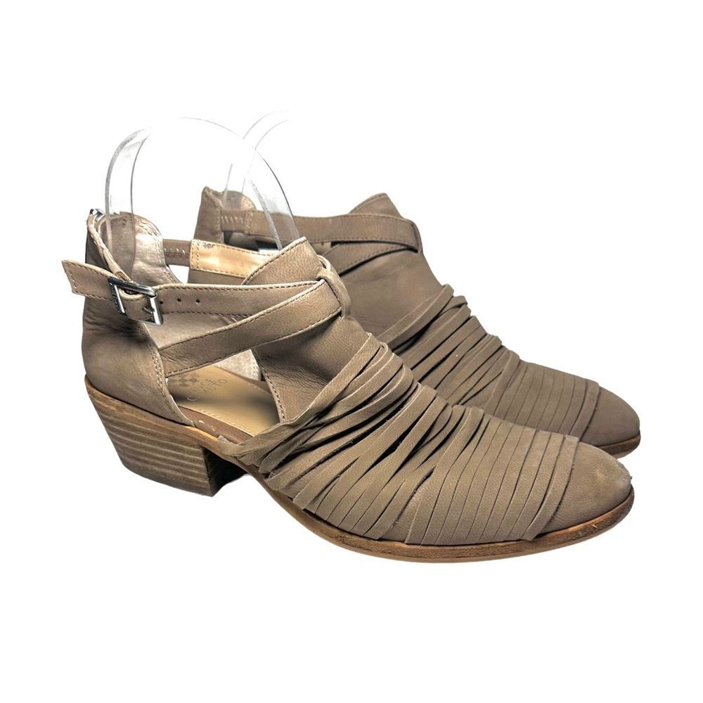 Vince Camuto Women's Sz 7.5 Pamelle Boot Tan Taupe Nubuck Sliced Leather Cutouts